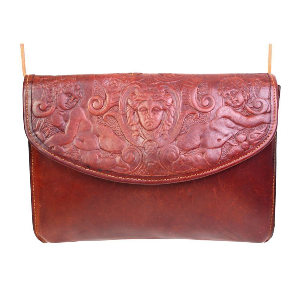 Paola del Lungo TOOLED RED BROWN REAL LEATHER FLAP SHOULDER BAG X-BODY
